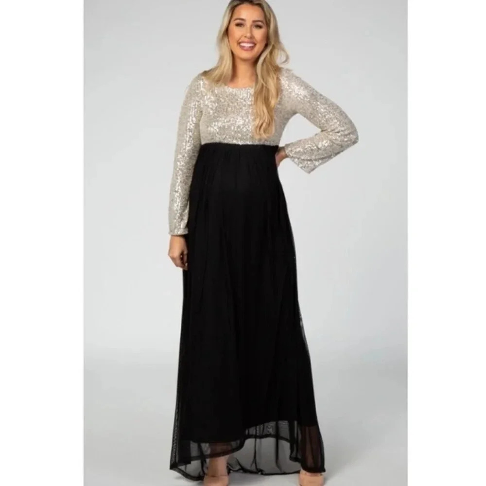 NEW*PinkBlush‎ Sequin Bodice Long sleeve maxi dress